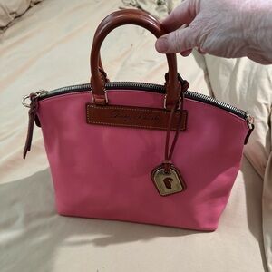 Elegant Pink Satchel with Brown Handles